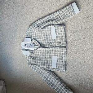 ZARA TEXTURED PLAID TWEED JEWEL BUTTON JACKET BLAZER WHITE GRAY